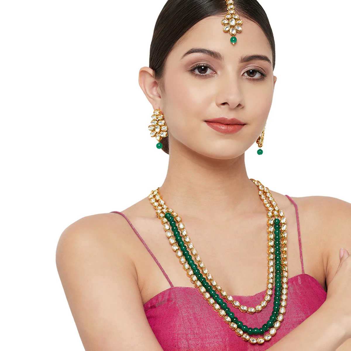 3 Layered Kundan Maang Tika Set With Green Beads - Image 2