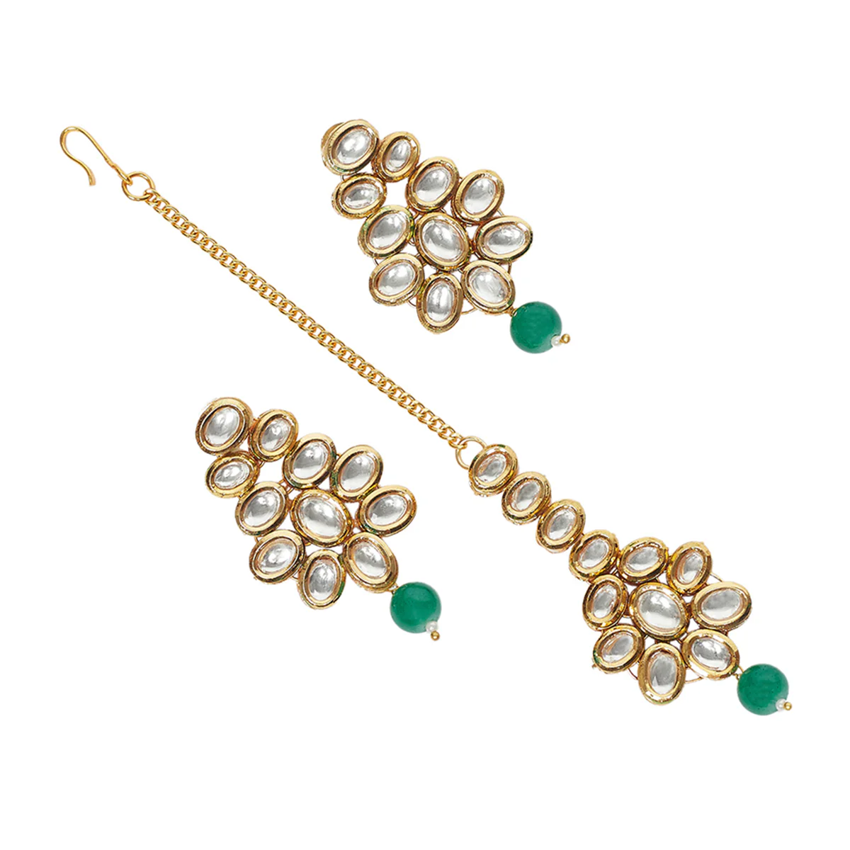 3 Layered Kundan Maang Tika Set With Green Beads - Image 5