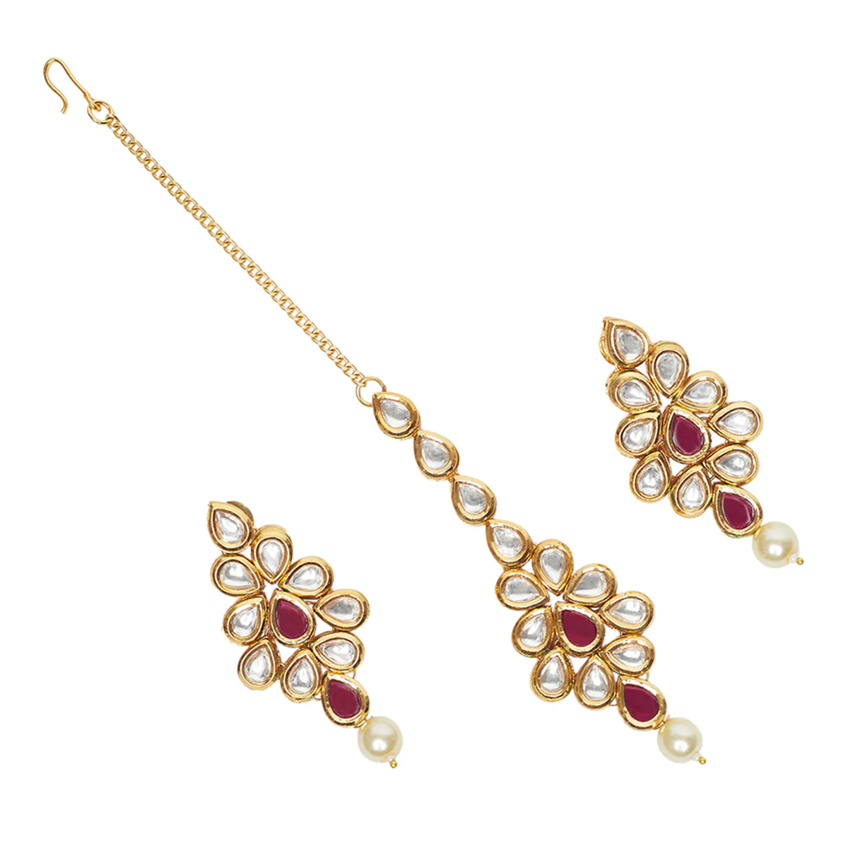 3 Layered Kundan With Pearl Beaded Maang Tika Set For Women - Image 5