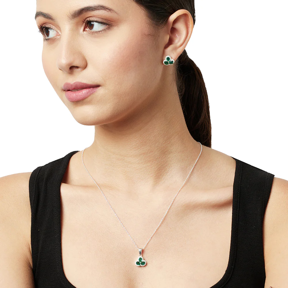 3 Petal Emerald Coloured CZ 925 Sterling Silver Pendant Set - Image 2