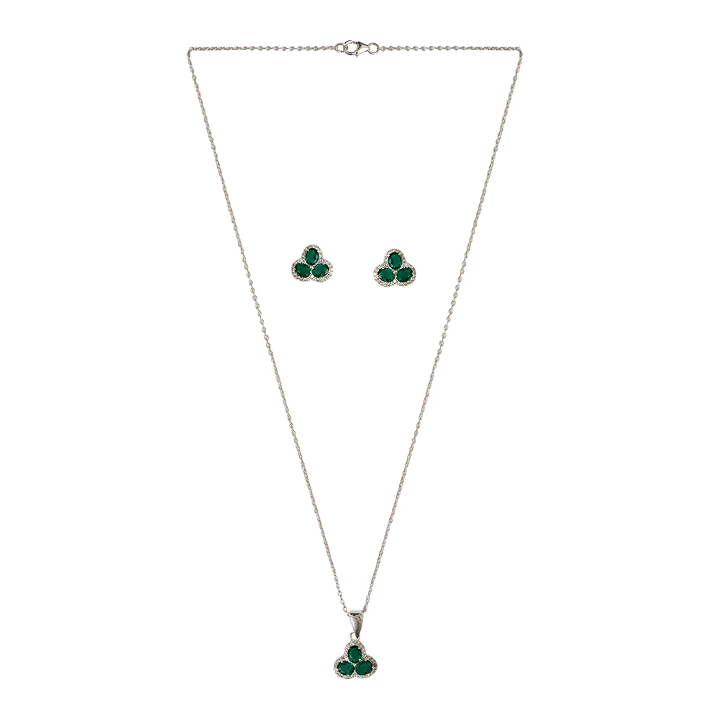 3 Petal Emerald Coloured CZ 925 Sterling Silver Pendant Set - Image 3