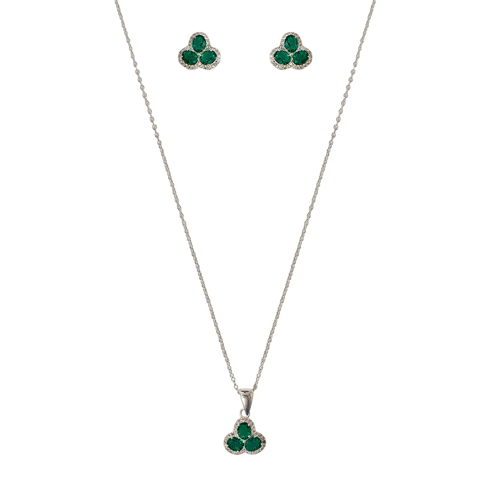 3 Petal Emerald Coloured CZ 925 Sterling Silver Pendant Set - Image 4