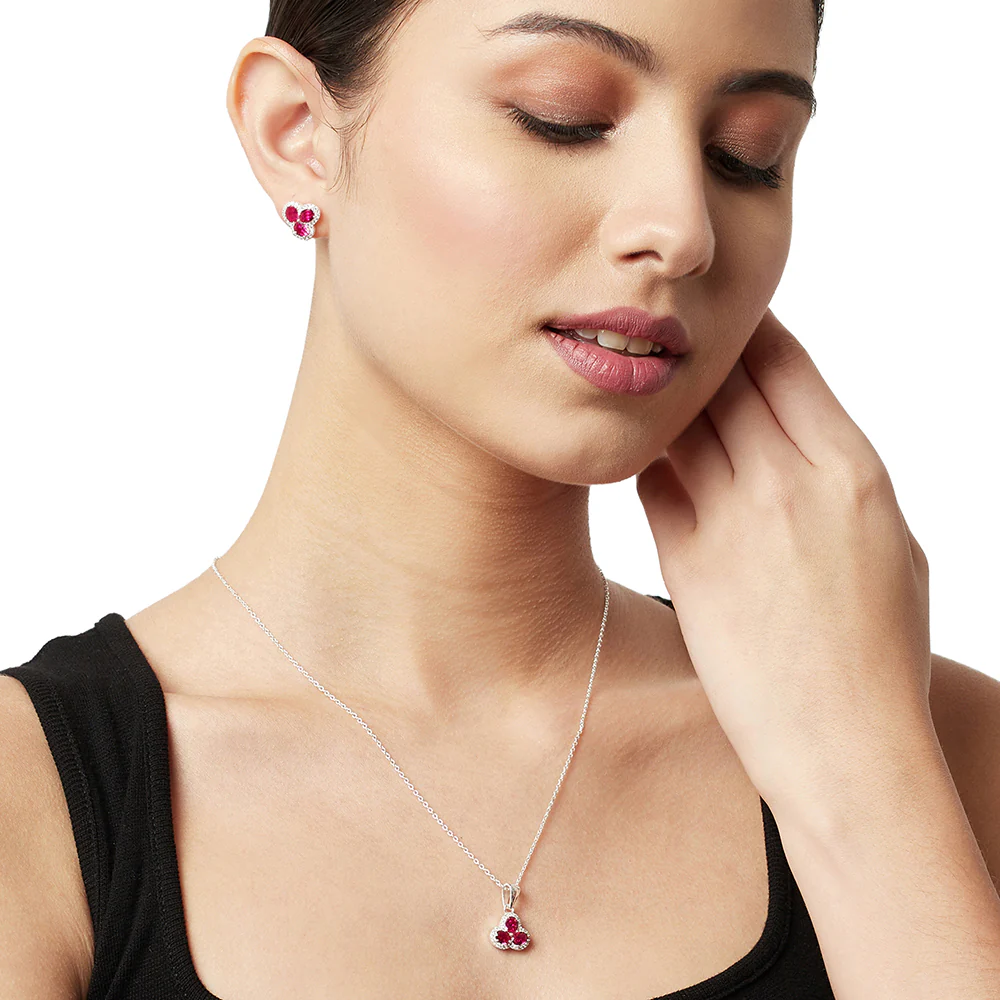 3 Petal Ruby Coloured CZ 925 Sterling Silver Pendant Set - Image 2