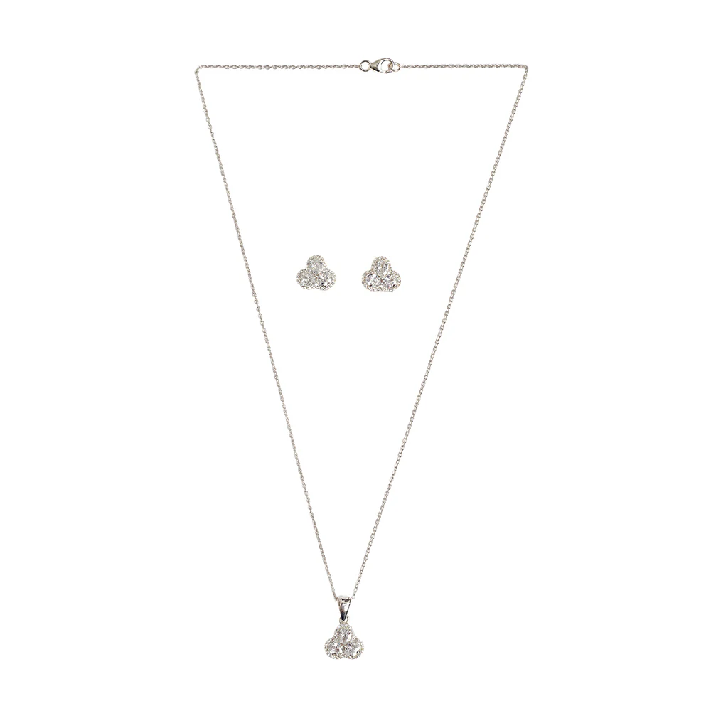 3 Petal Silver Coloured CZ 925 Sterling Silver Pendant Set - Image 3