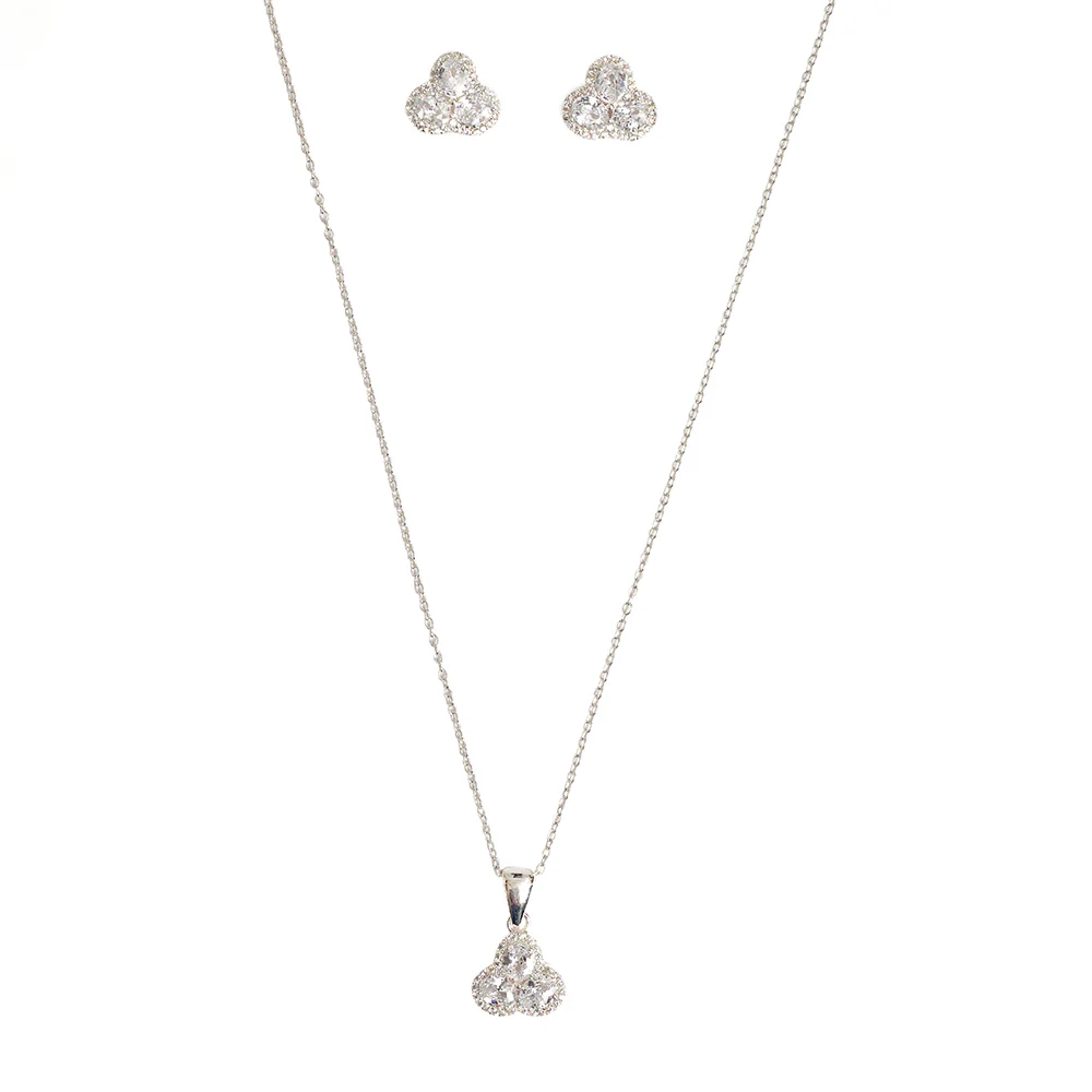 3 Petal Silver Coloured CZ 925 Sterling Silver Pendant Set - Image 4