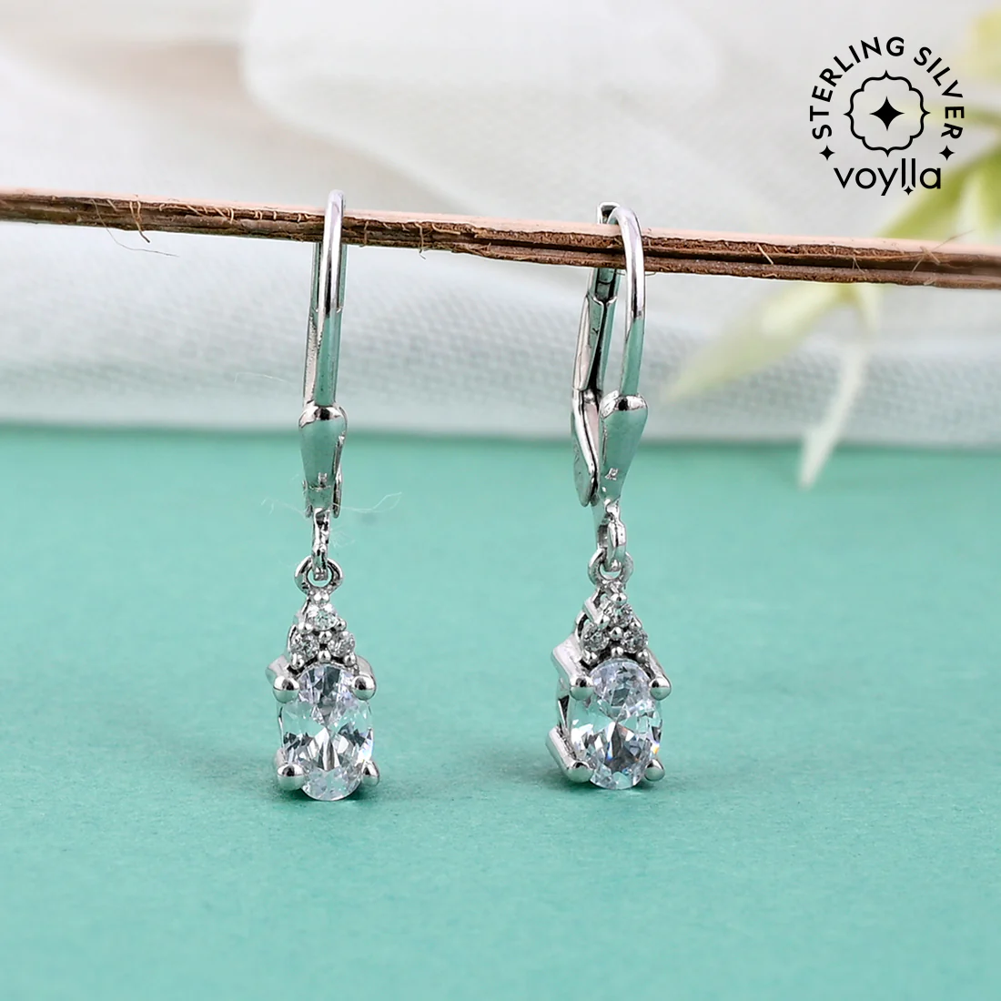 925 Sterling Silver CZ Drop Earrings with White Stone