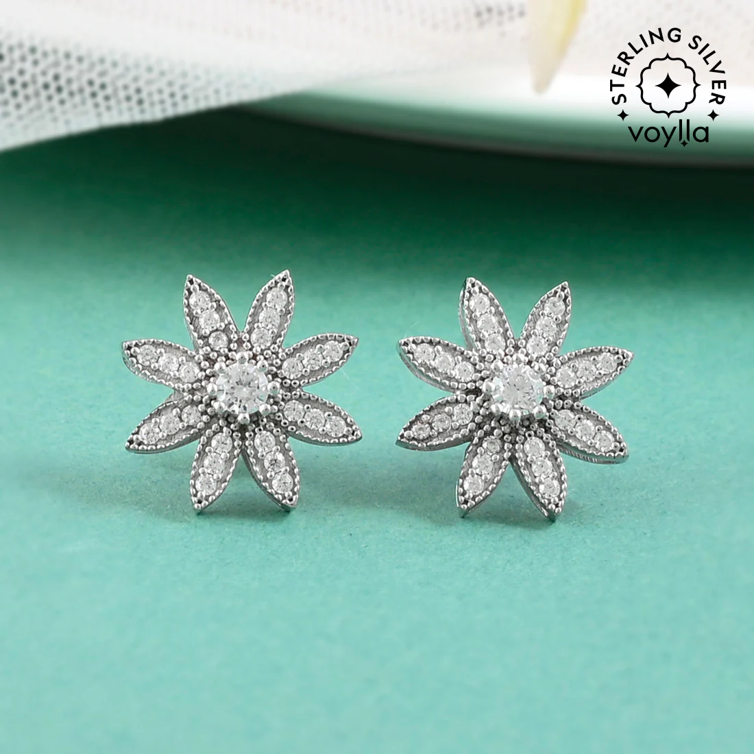 925 Sterling Silver CZ Enchanting Stone Shaped Floral Stud Earrings