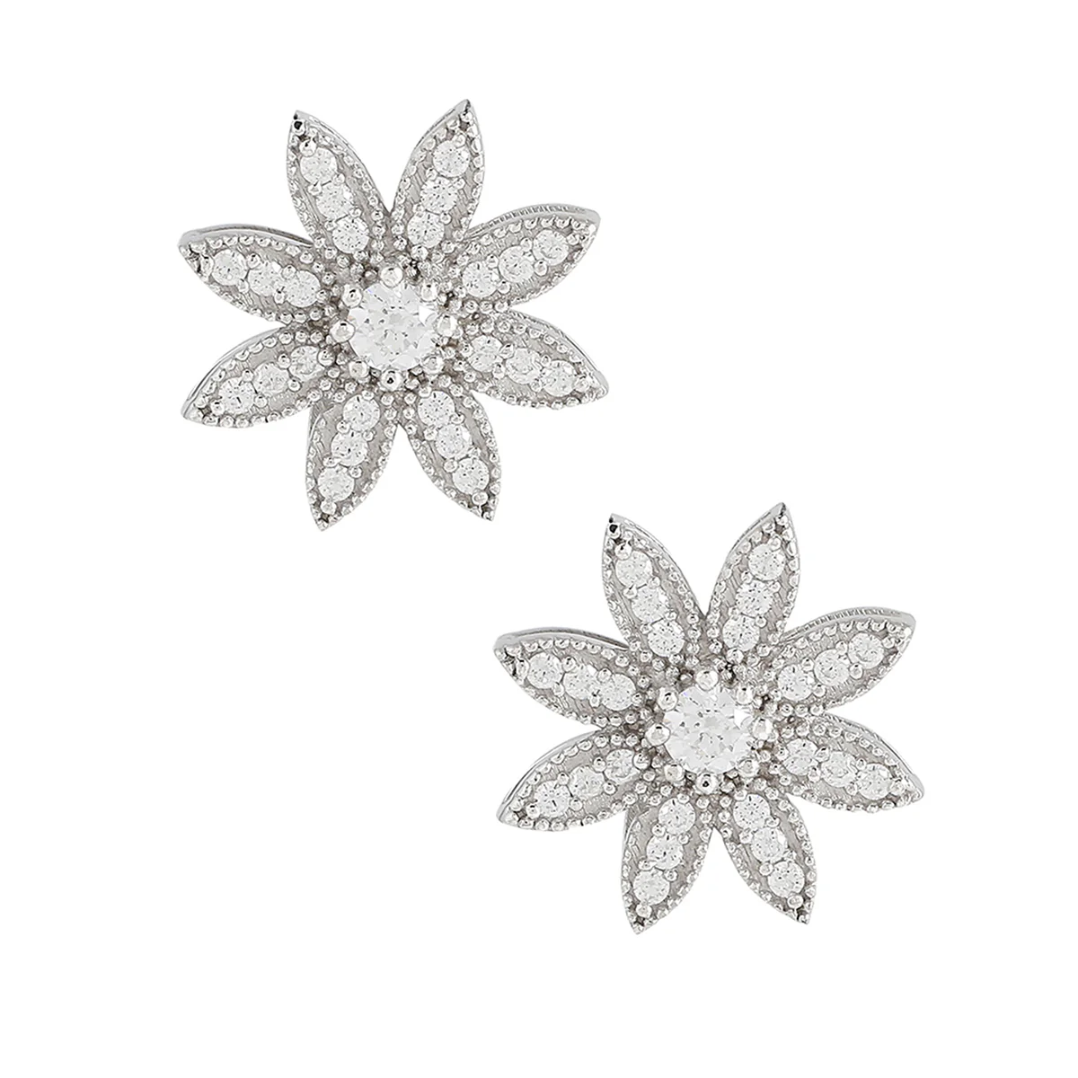 925 Sterling Silver CZ Enchanting Stone Shaped Floral Stud Earrings - Image 3
