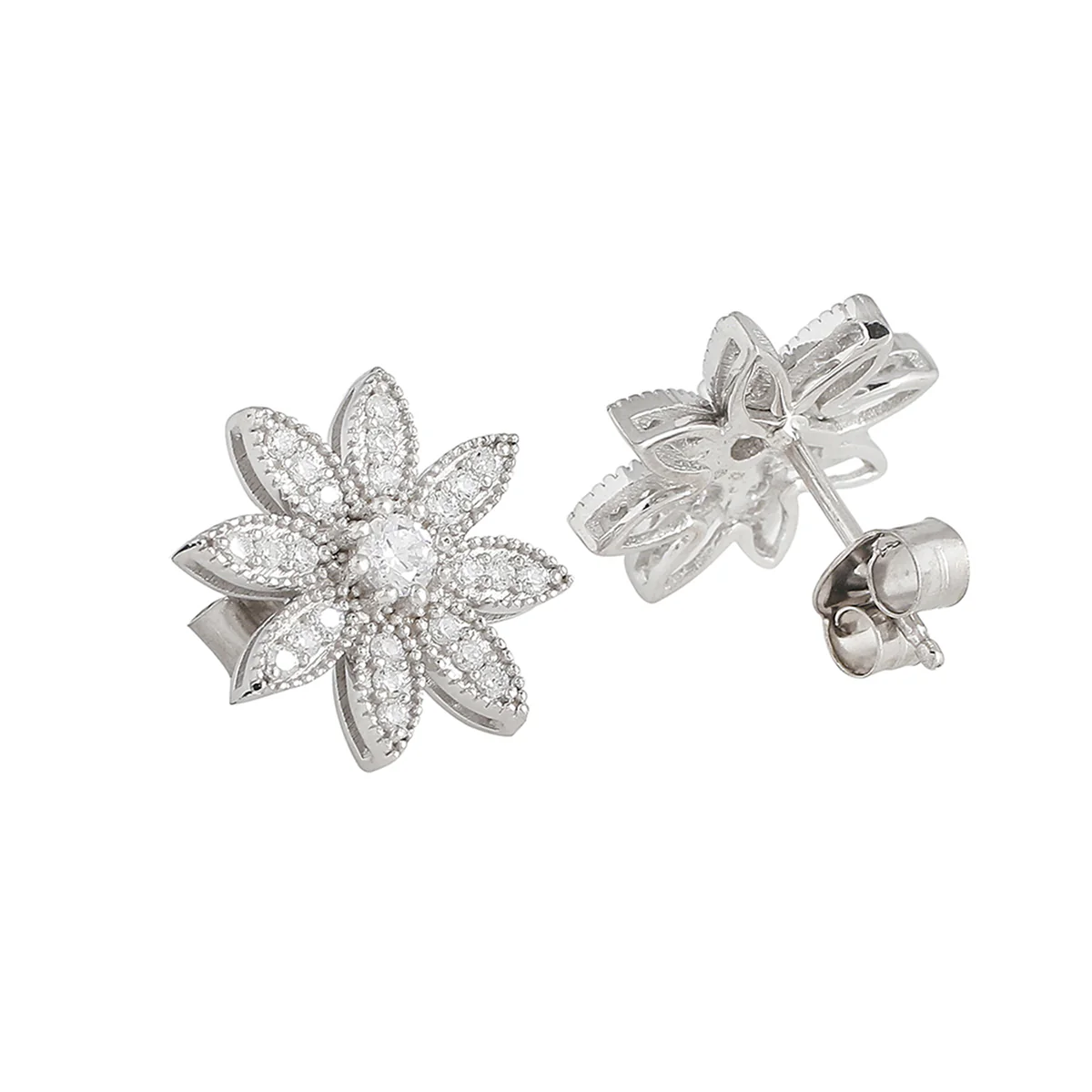925 Sterling Silver CZ Enchanting Stone Shaped Floral Stud Earrings - Image 4