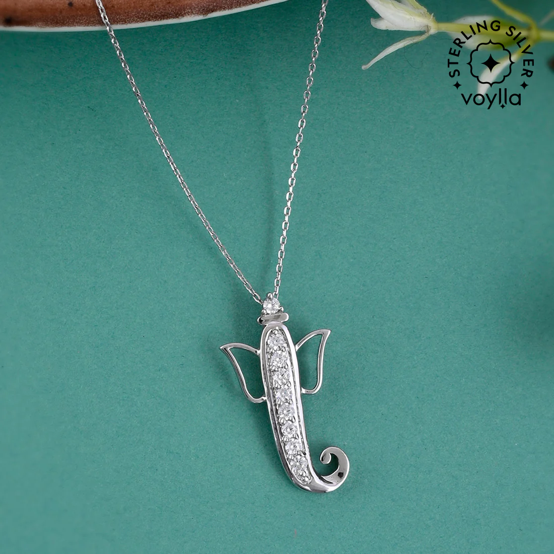 925 Sterling Silver CZ Ganesha Pendant with Chain - Voylla