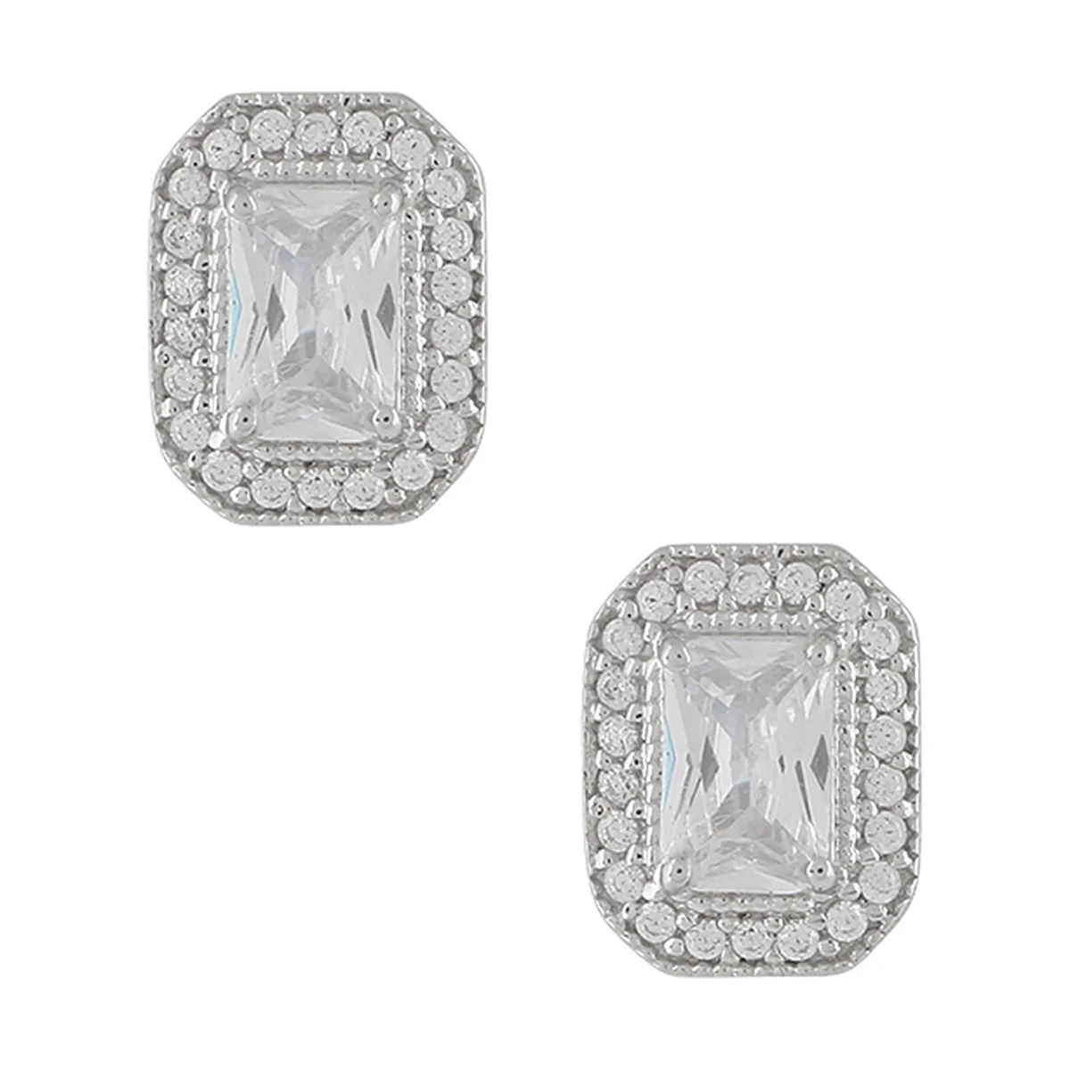 925 Sterling Silver CZ Pearl with Square Shaped Stud Earrings - Image 3