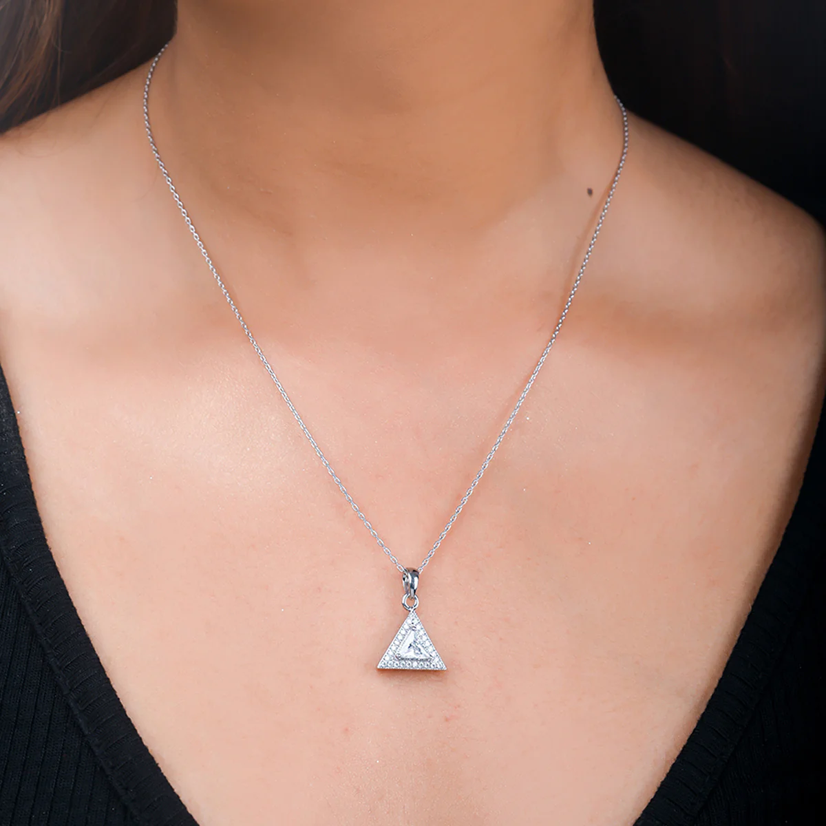 925 Sterling Silver CZ Pyramid Pendant with Chain - Image 2