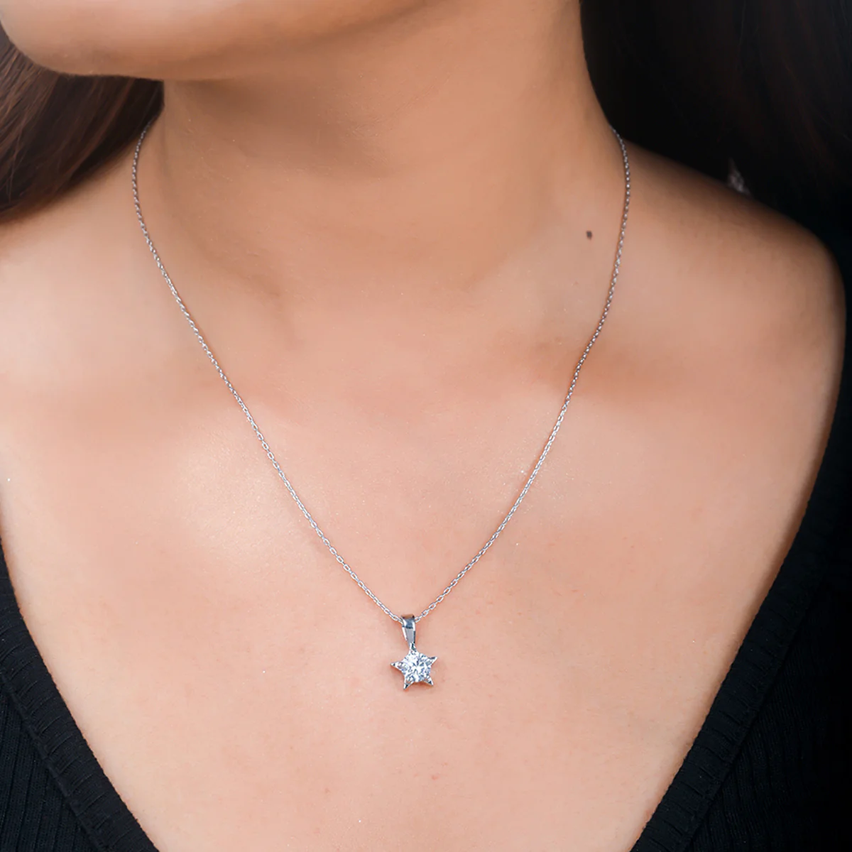 925 Sterling Silver CZ Star Shaped Pendant with Chain - Image 2