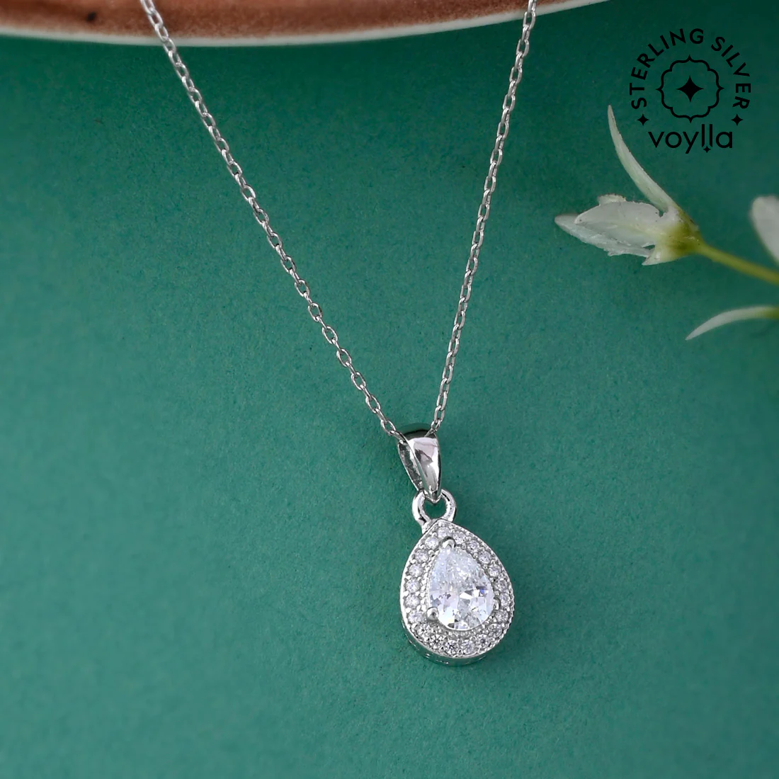 925 Sterling Silver CZ White Stone shaped Pendant with Chain