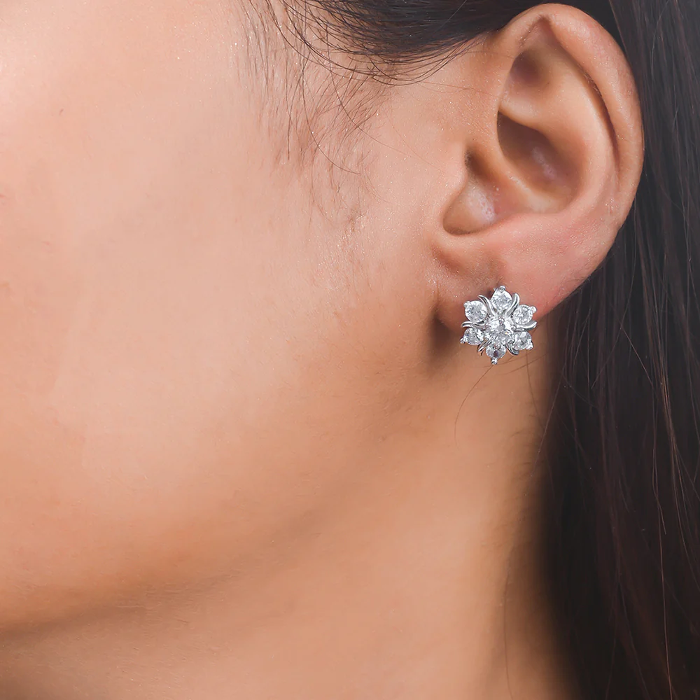 925 Sterling Silver CZ Floral Stud Earrings - Image 2
