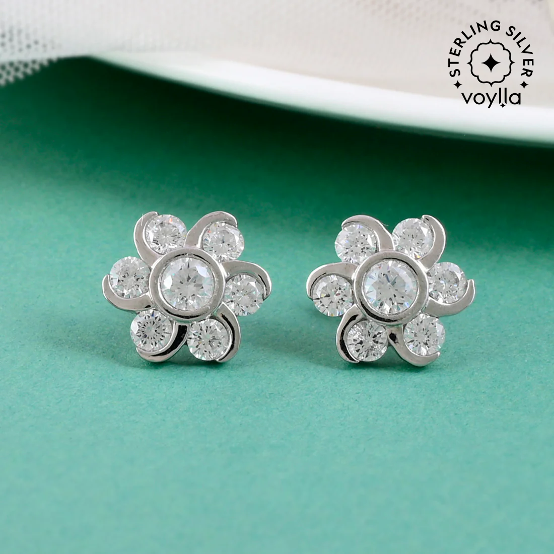 925 Sterling Silver CZ Floral Stud Earrings