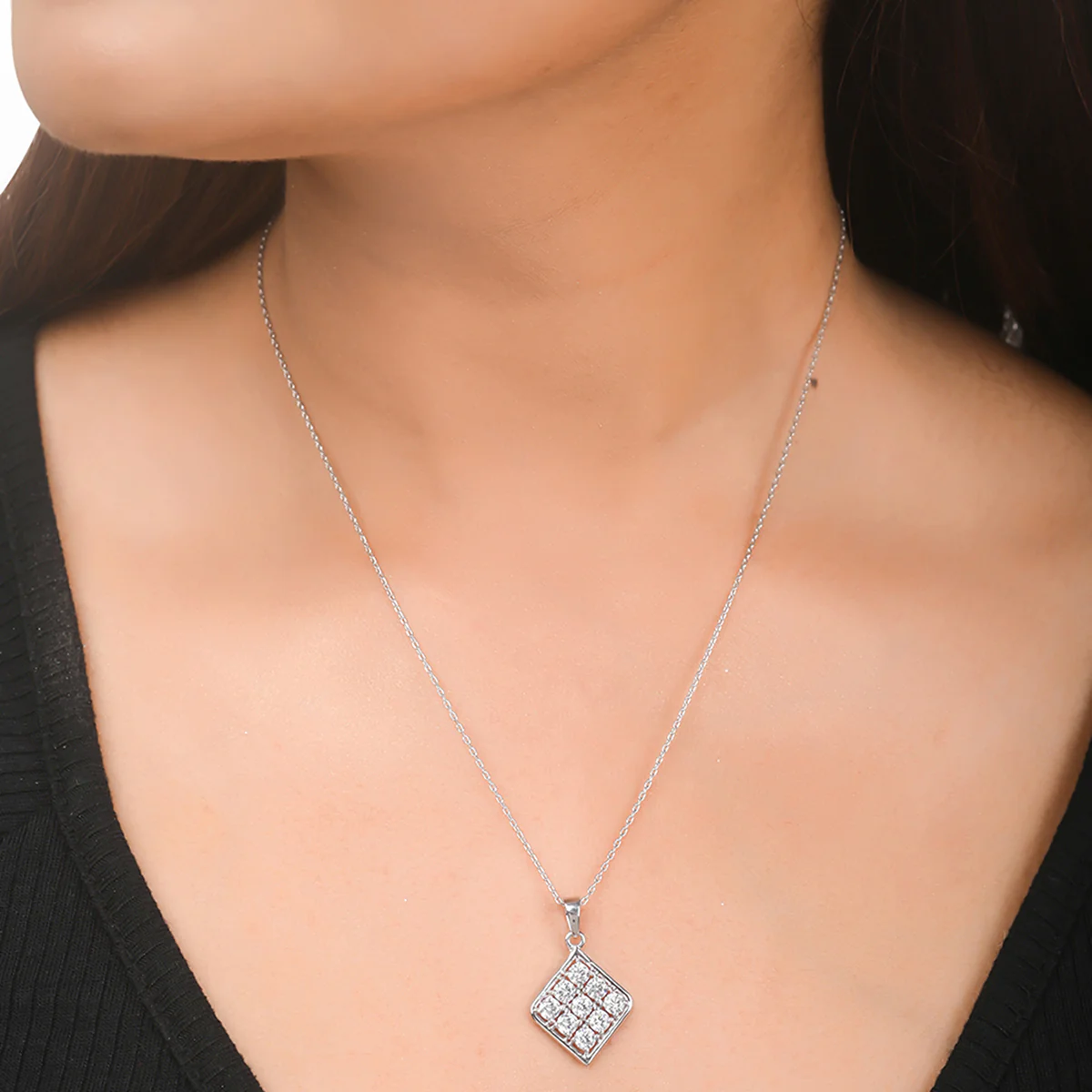 925 Sterling Silver CZ Square Shaped Pendant with Chain - Image 2