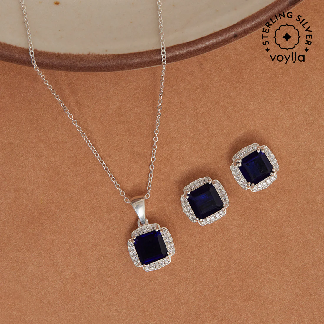925 Sterling Silver Blue CZ Square Milgrain Pendant Set