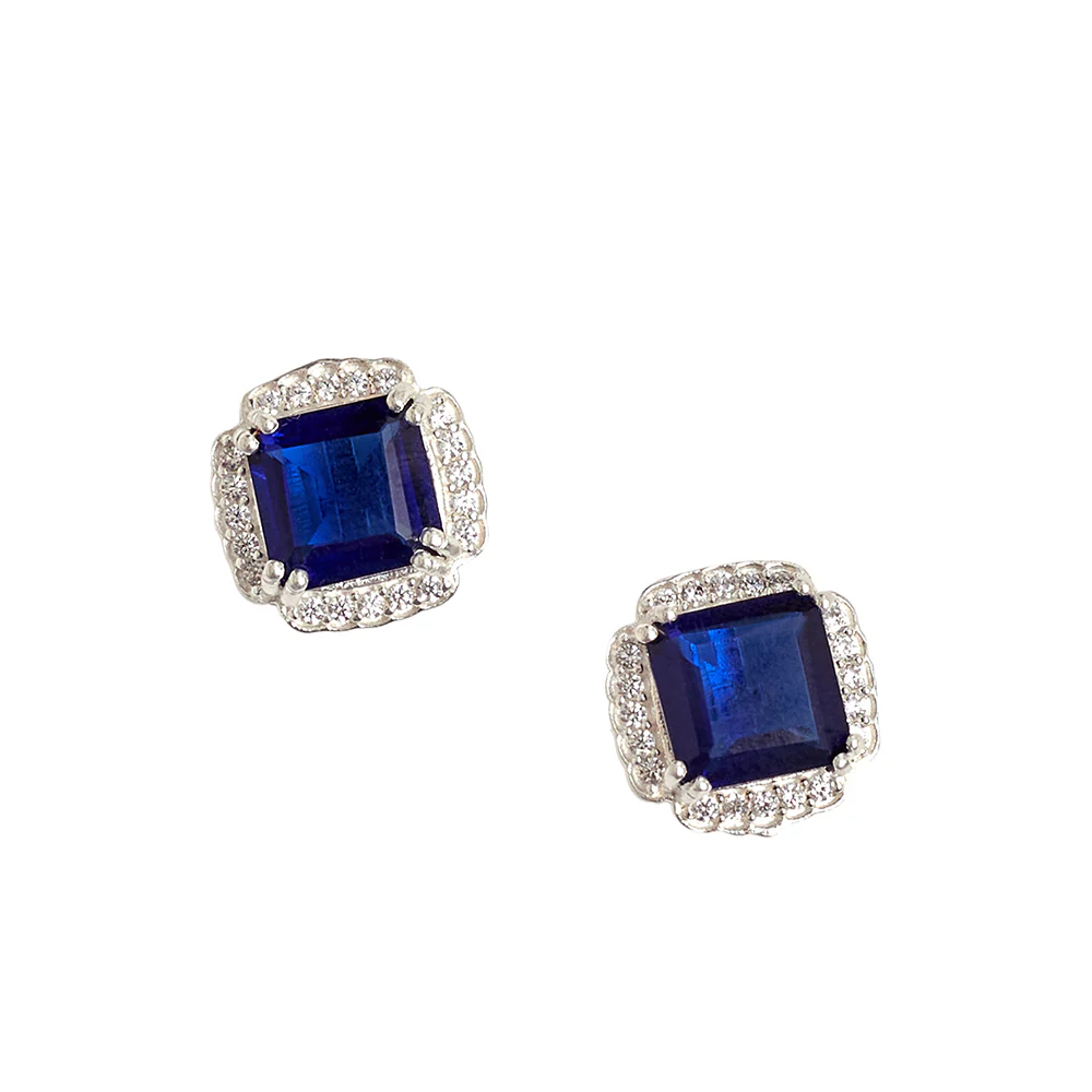 925 Sterling Silver Blue CZ Square Milgrain Pendant Set - Image 5