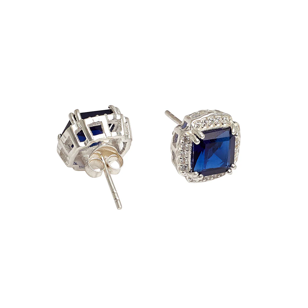 925 Sterling Silver Blue CZ Square Milgrain Pendant Set - Image 6