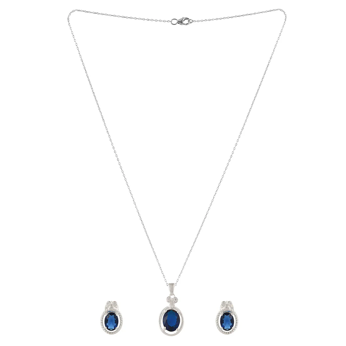 925 Sterling Silver Blue Oval Cut CZ Pendant Set - Image 3