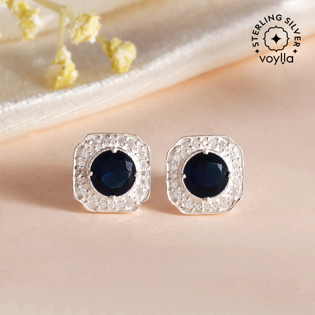 925 Sterling Silver Blue Round Cut Zircons Stud Earrings