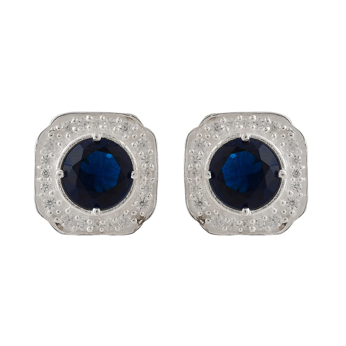 925 Sterling Silver Blue Round Cut Zircons Stud Earrings - Image 3