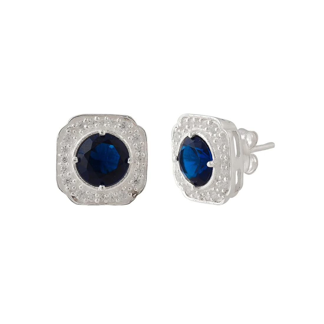 925 Sterling Silver Blue Round Cut Zircons Stud Earrings - Image 4