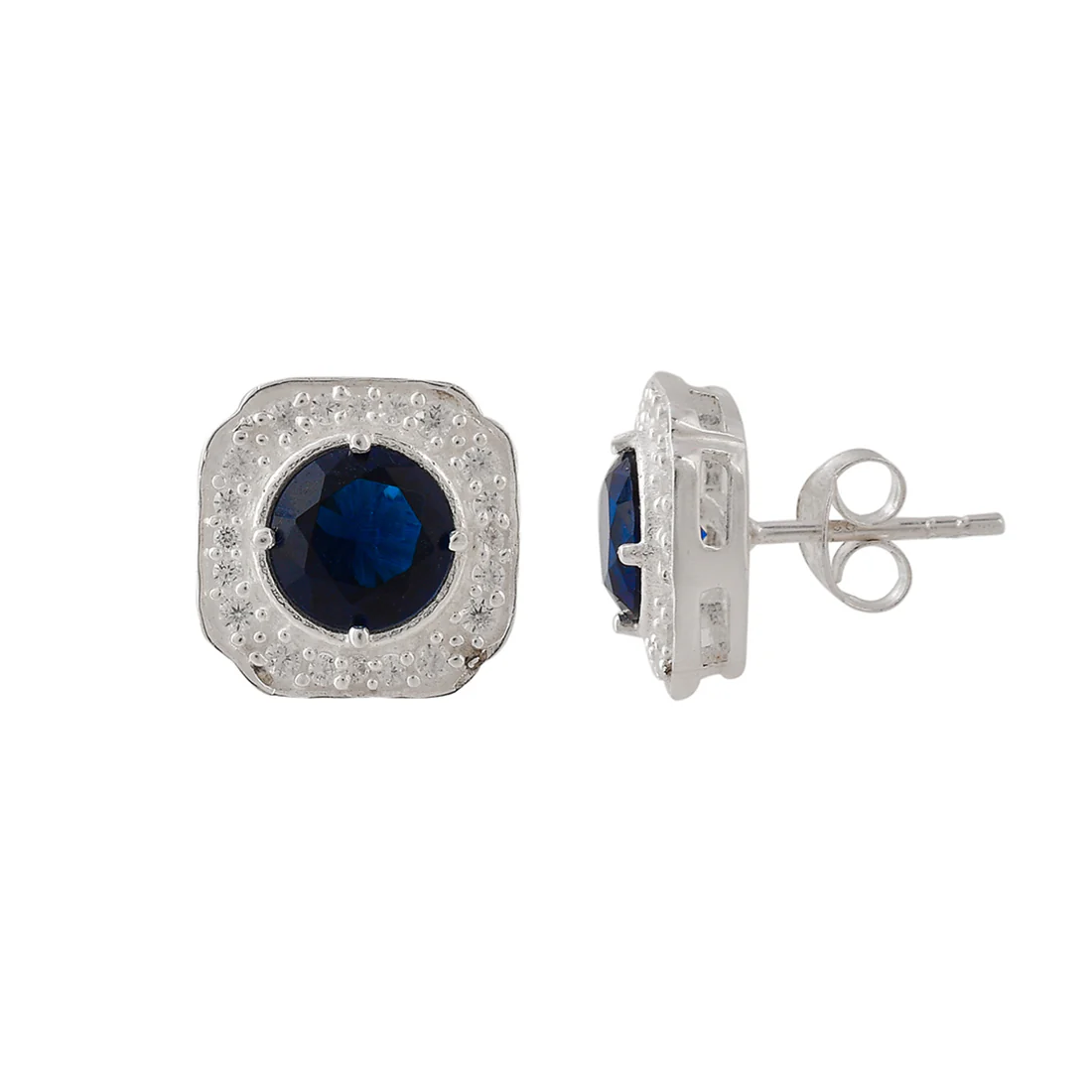 925 Sterling Silver Blue Round Cut Zircons Stud Earrings - Image 5