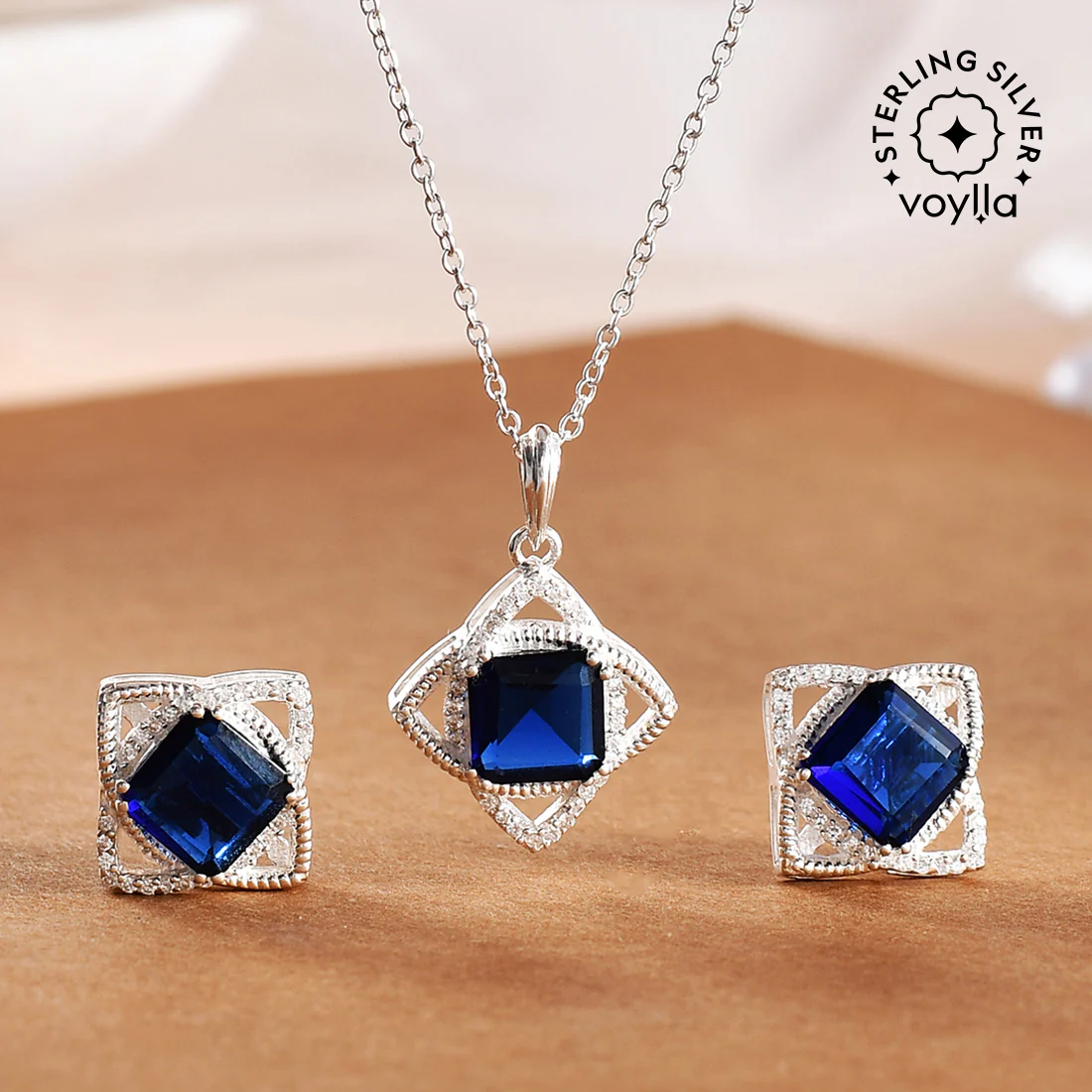 925 Sterling Silver Blue Square Cut CZ Pendant Set
