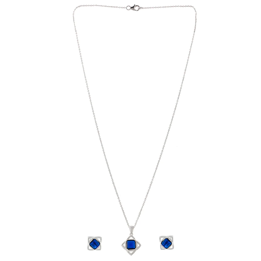 925 Sterling Silver Blue Square Cut CZ Pendant Set - Image 3