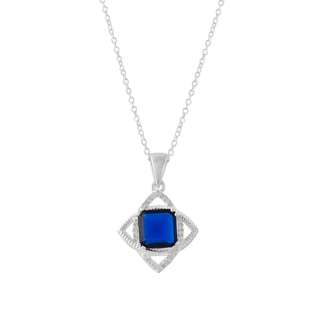 925 Sterling Silver Blue Square Cut CZ Pendant Set - Image 4