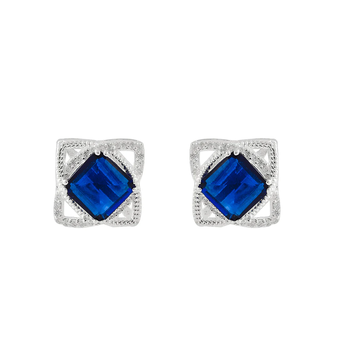 925 Sterling Silver Blue Square Cut CZ Pendant Set - Image 5