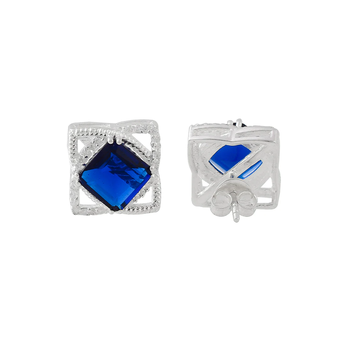 925 Sterling Silver Blue Square Cut CZ Pendant Set - Image 6