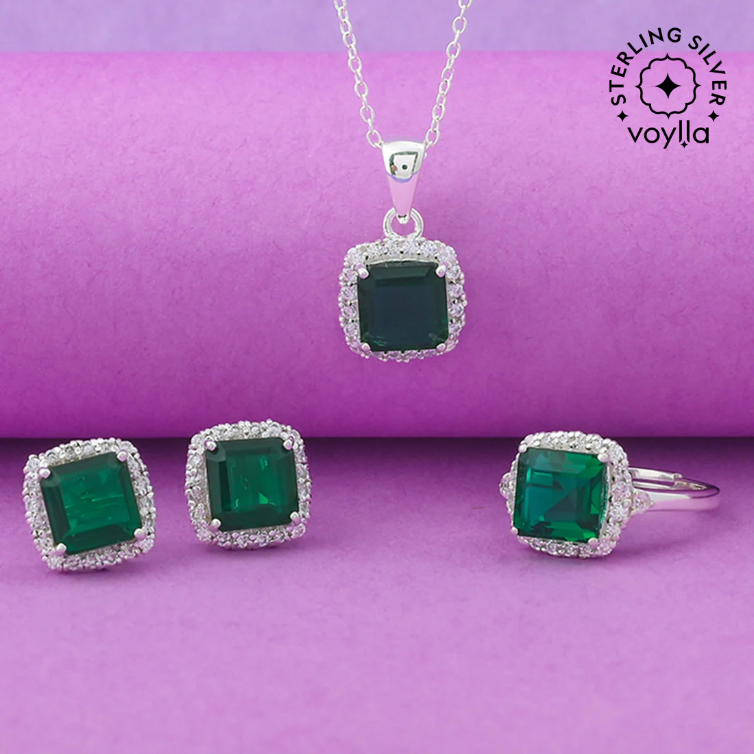 925 Sterling Silver Box Set With Square Shaped Green CZ gems For Women