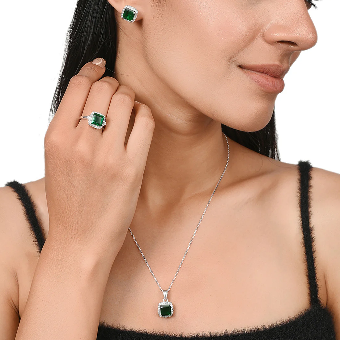 925 Sterling Silver Box Set With Square Shaped Green CZ gems For Women - Image 2