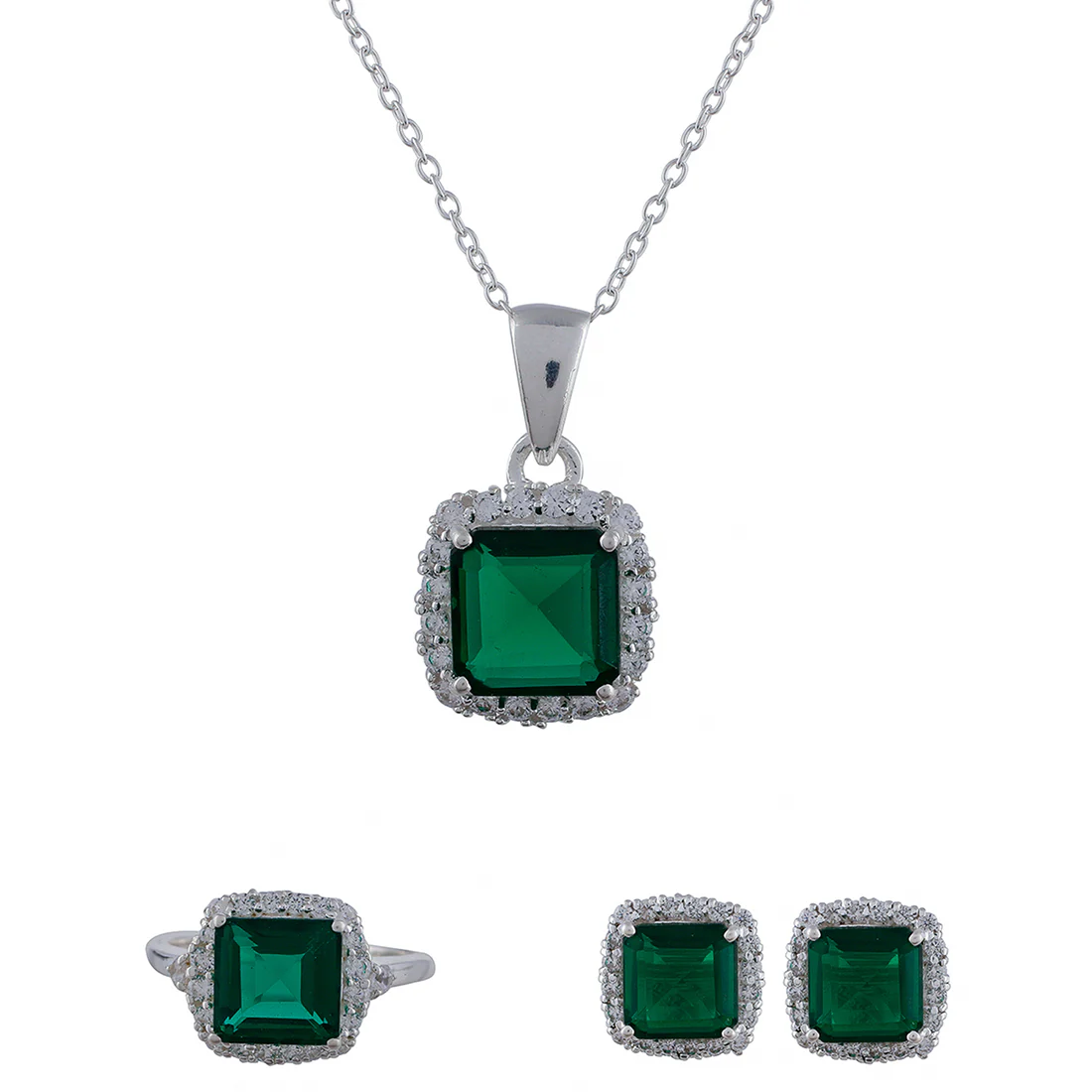 925 Sterling Silver Box Set With Square Shaped Green CZ gems For Women - Image 3