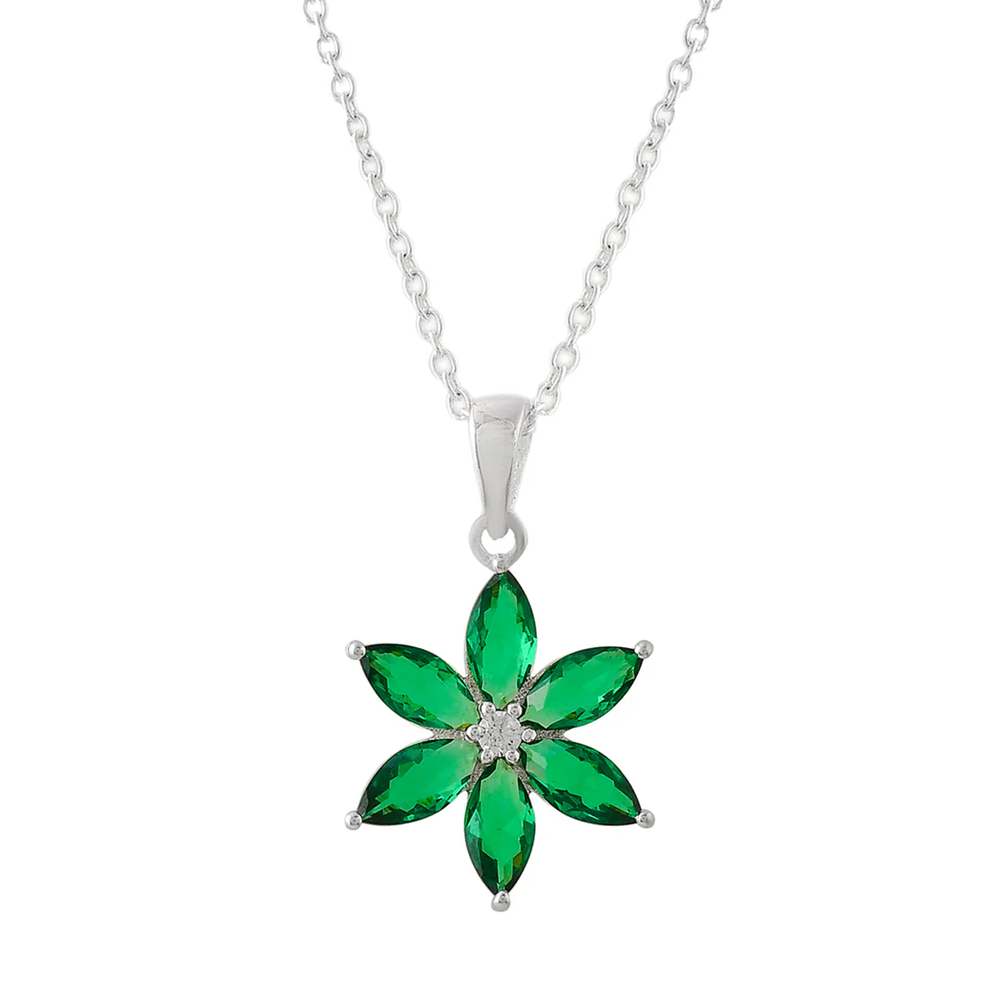925 Sterling Silver Green CZ Floral Pendant Set - Image 4