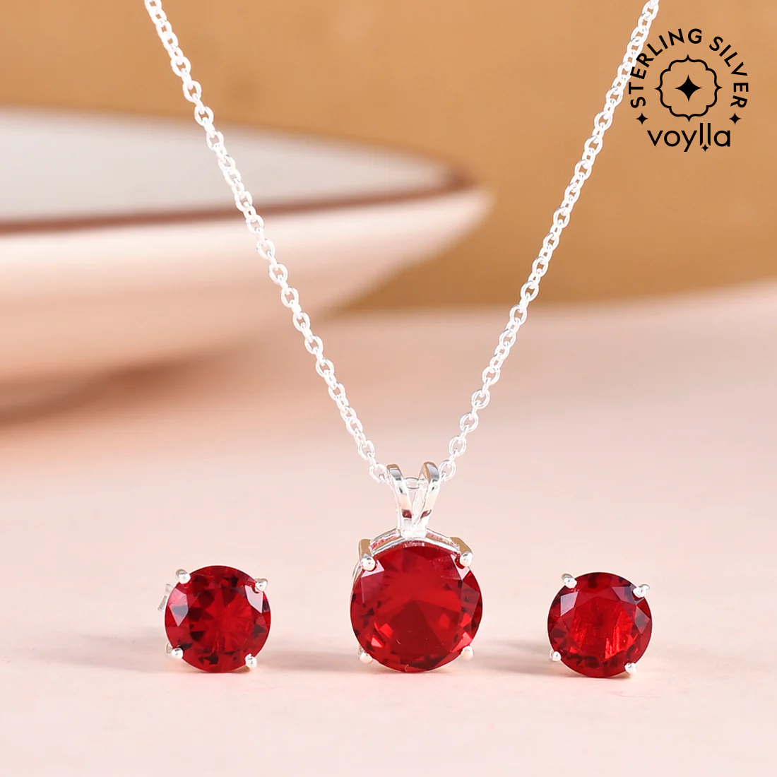 925 Sterling Silver Necklace Set Studded With Red Stones