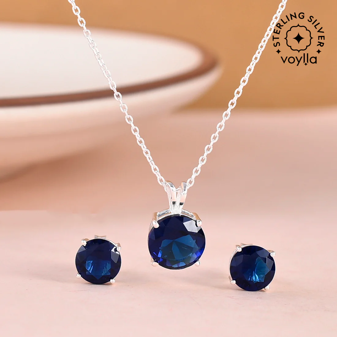 925 Sterling Silver Necklace Set Studded With Royal Blue Stones