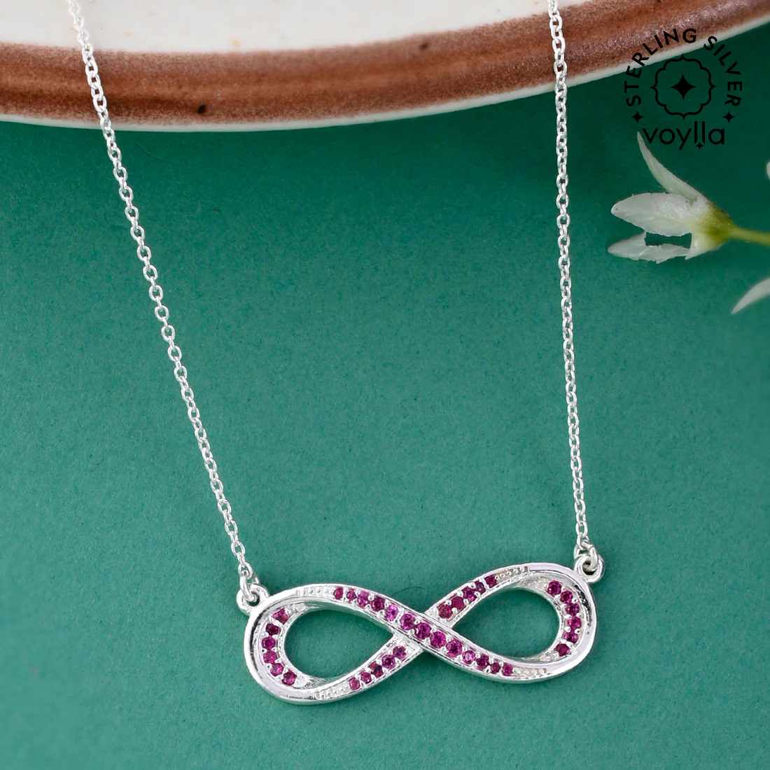 925 Sterling Silver Pink CZ Gem Studded Infinity Necklace