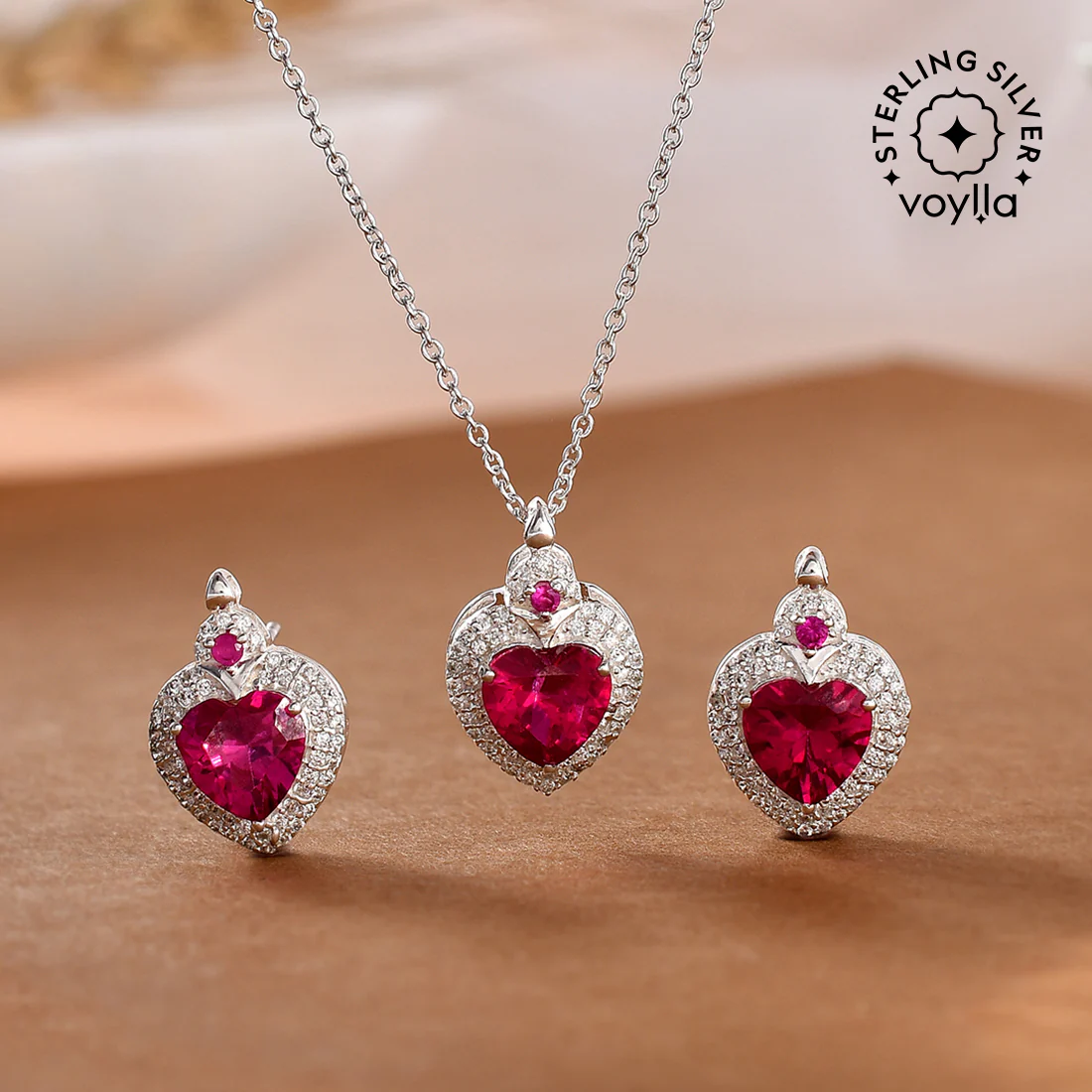 925 Sterling Silver Red CZ Hearts Pendant Set