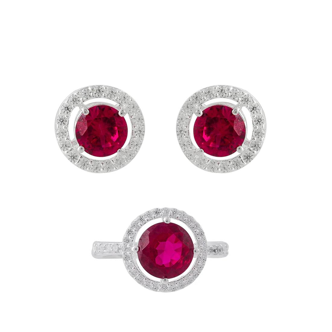 925 Sterling Silver Red Round Cut CZ Earrings Set - Image 3