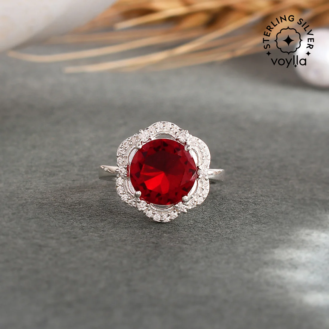 925 Sterling Silver Red Round Cut CZ Ring