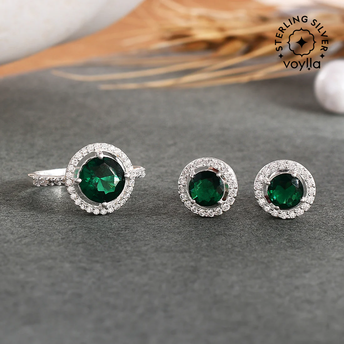 925 Sterling Silver Round Cut Green CZ Earrings Set