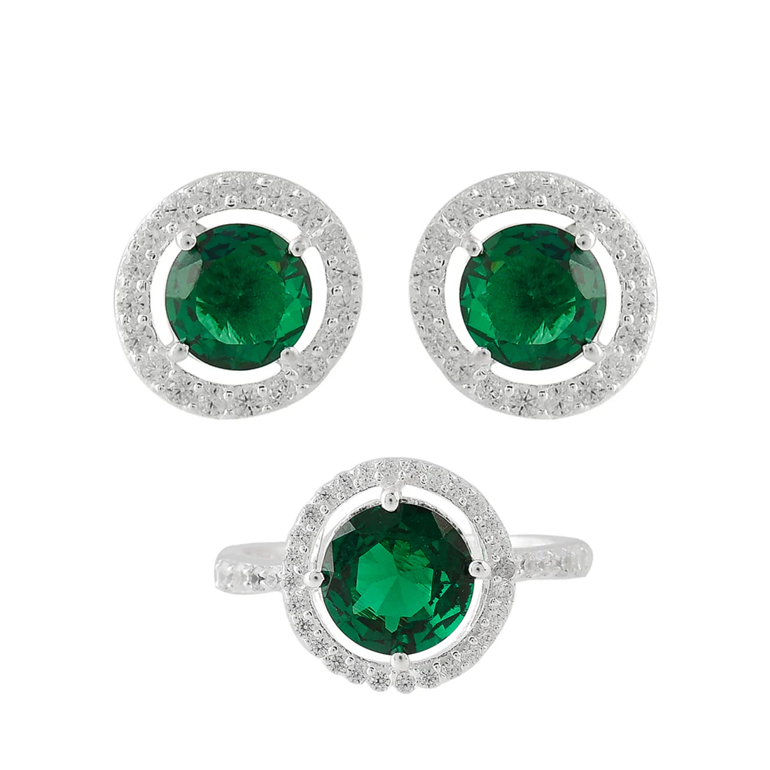 925 Sterling Silver Round Cut Green CZ Earrings Set - Image 3