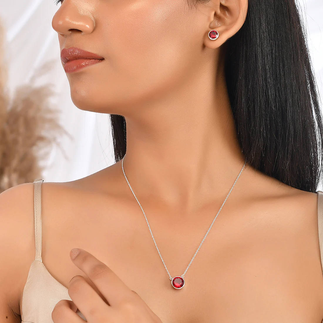 925 Sterling Silver Round Cut Red CZ Pendant Set - Image 2