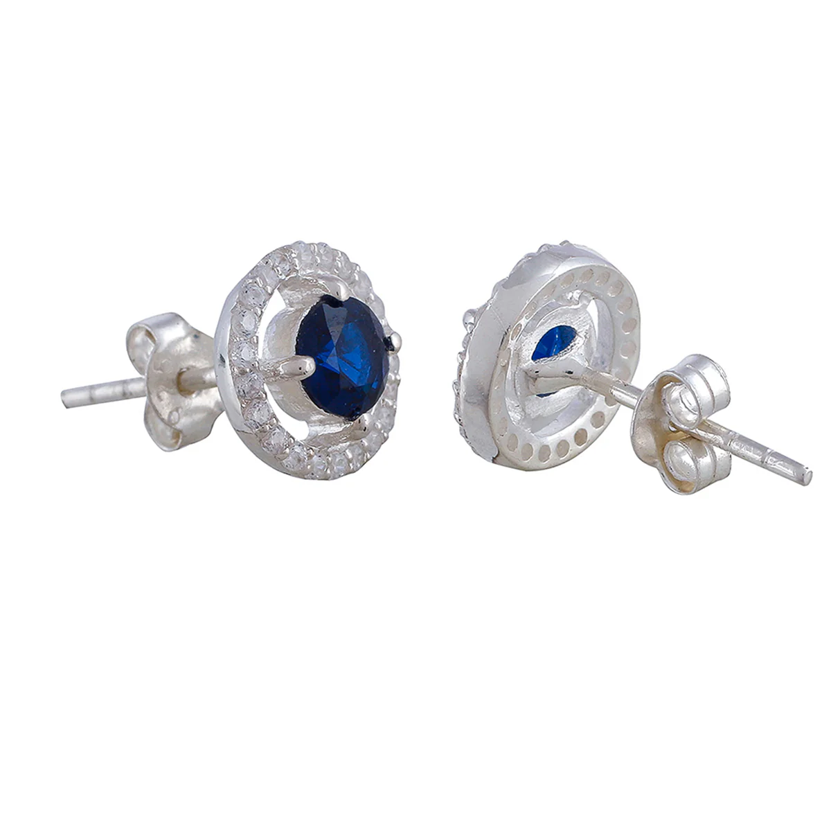 925 Sterling Silver Round Shaped Stud Earrings Made With Blue Stone - Image 4