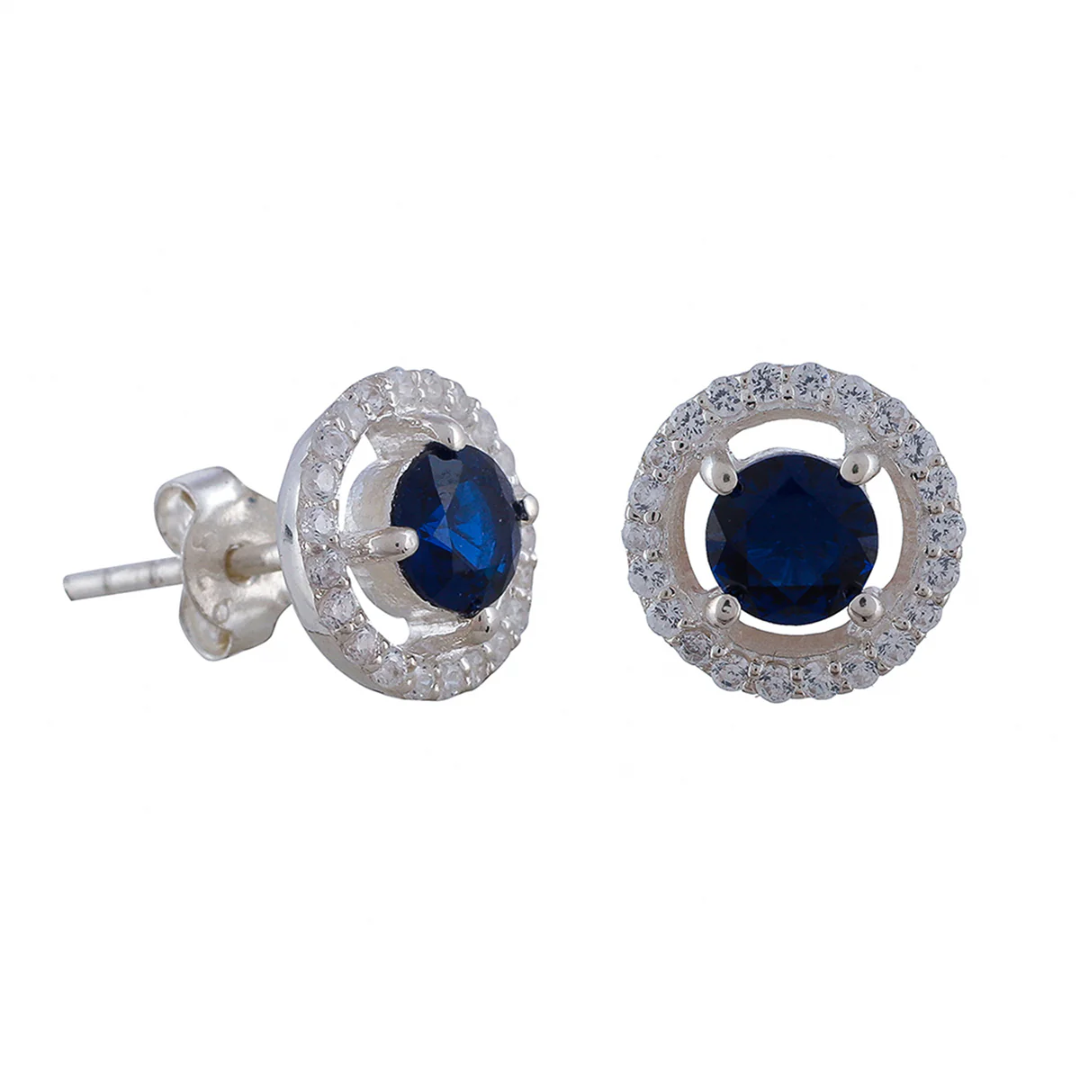 925 Sterling Silver Round Shaped Stud Earrings Made With Blue Stone - Image 5