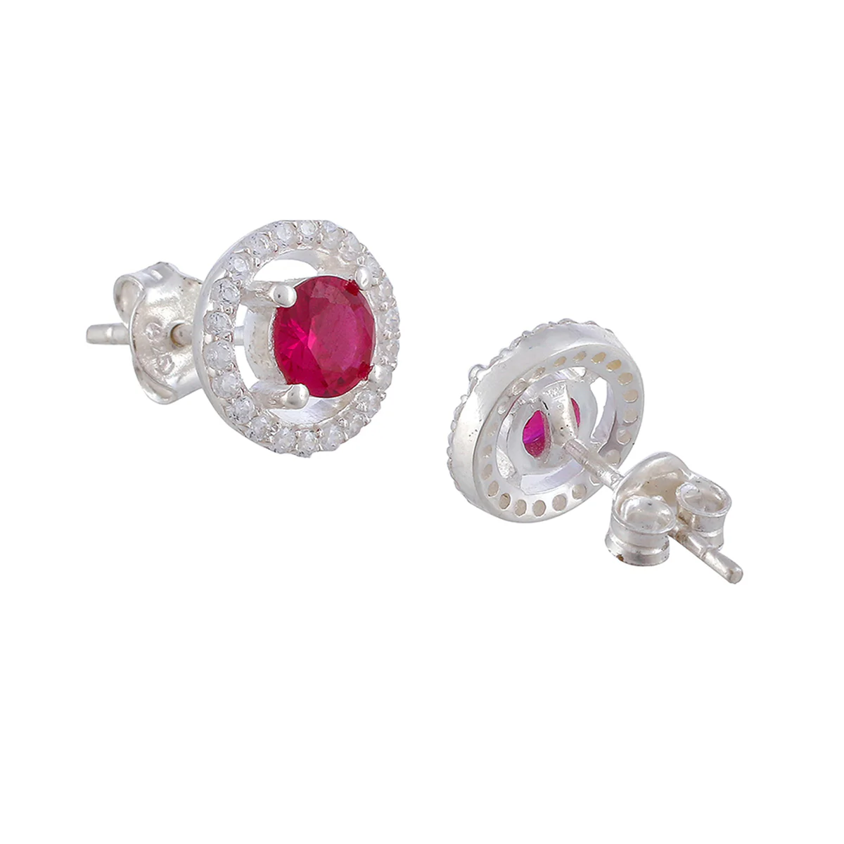 925 Sterling Silver Round Shaped Stud Earrings Made With Red Stone - Image 4